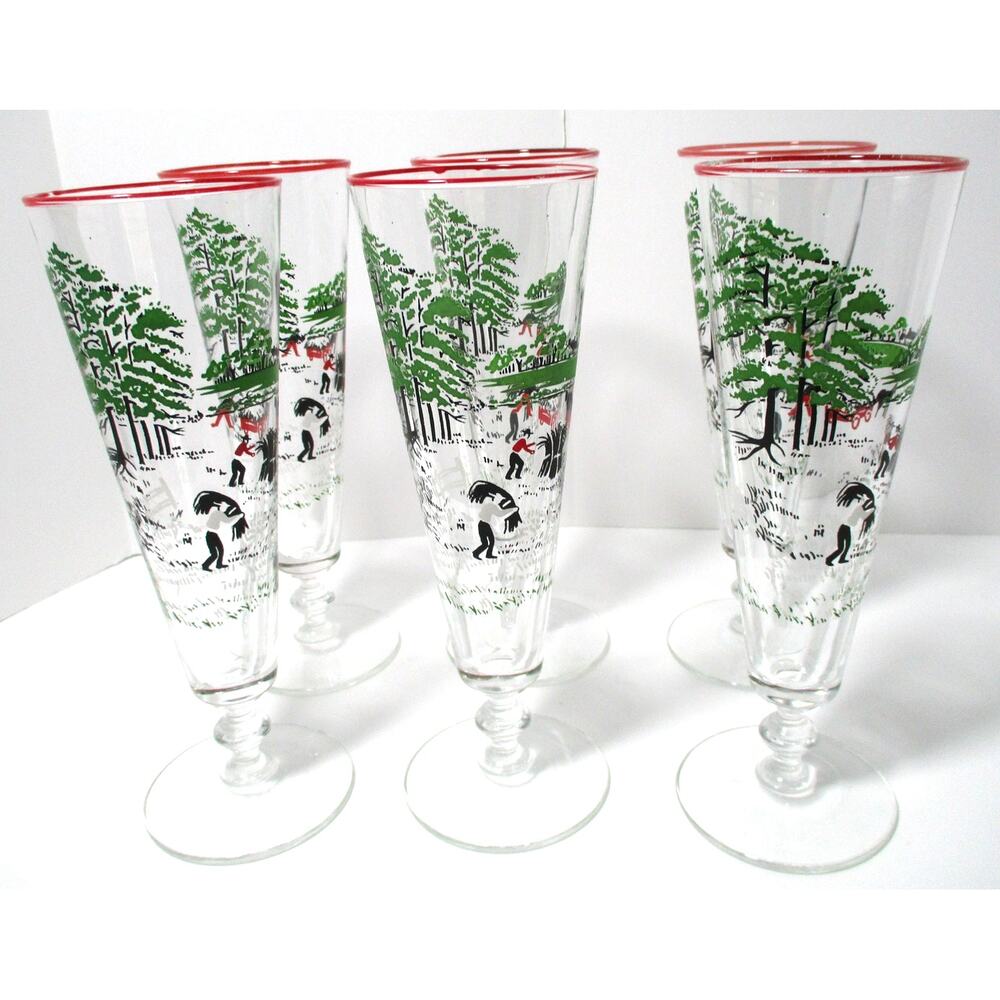 Vintage Libbey Pilsner Beer Glass Currier & Ives Farm Scene Hand Painted Set 6